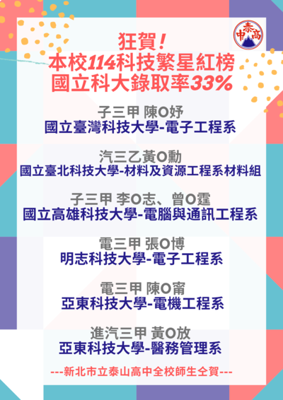 賀! 114科技繁星錄取7人! 星光熠熠!圖片
